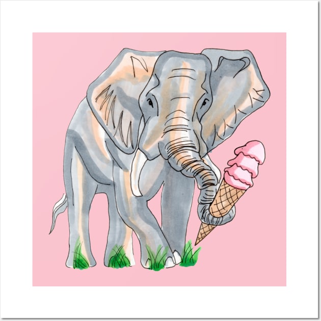 Ice cream eating elephant Wall Art by Salty Pretzel